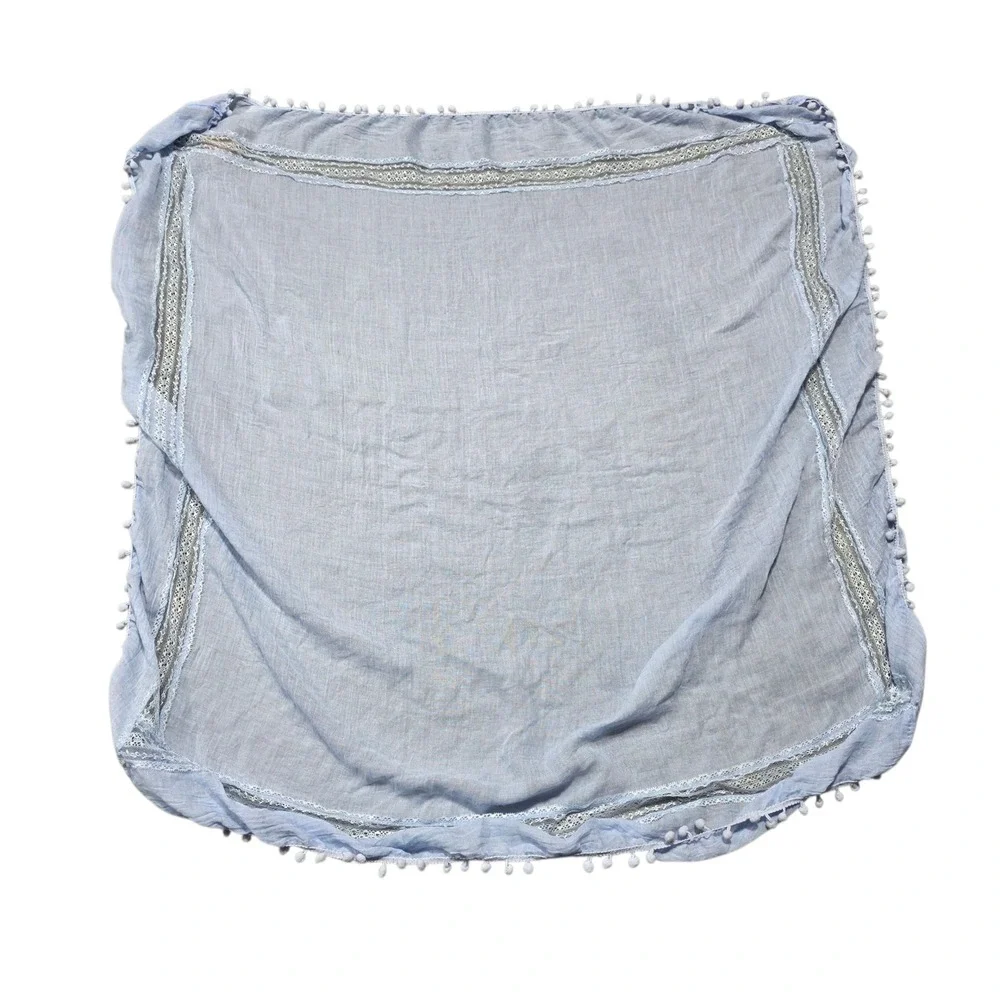 NEW francesca's Blue Oversized Square Scarf with Lace and Pom‎ Pom Trim NWT